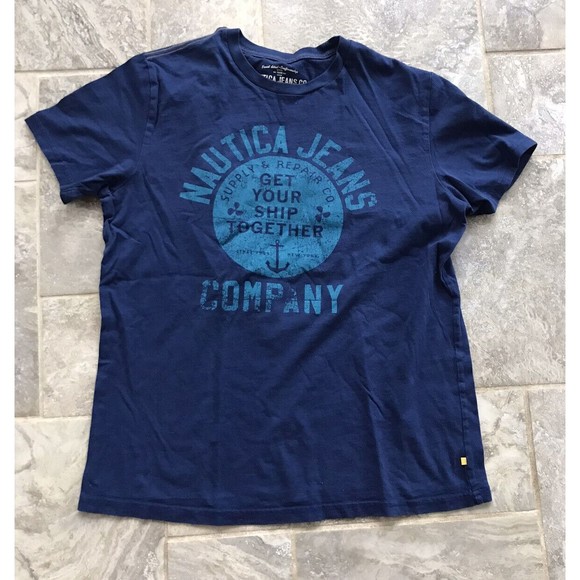 Nautica Jeans Co Size Small Graphic Tshirt “Get Your Ship Together” Blue Slim - Picture 1 of 4
